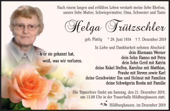 Traueranzeige von Helga Trützschler von Südthüringer Presse