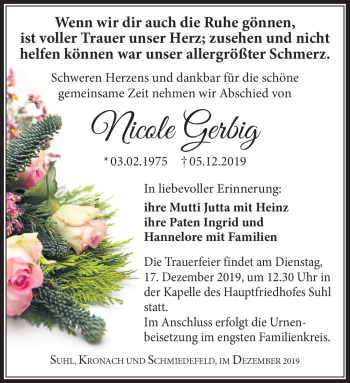 Traueranzeige von Nicole Gerbig von Südthüringer Presse