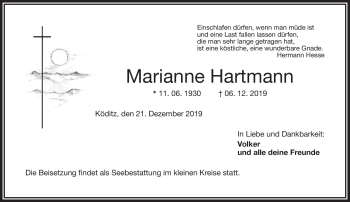 Traueranzeige von Marianne Hartmann von Frankenpost