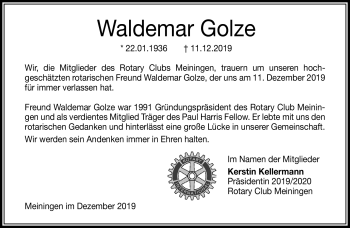 Traueranzeige von Waldemar Golze von Südthüringer Presse
