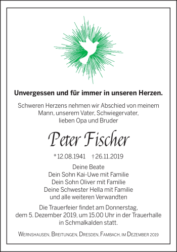 Traueranzeige von Peter Fischer von Südthüringer Presse