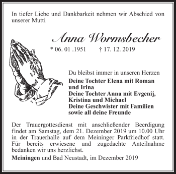 Traueranzeige von Anna Wormsbecher von Südthüringer Presse