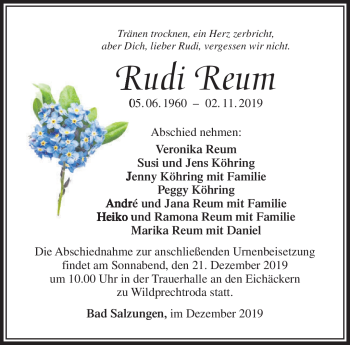 Traueranzeige von Rudi Reum von Südthüringer Presse