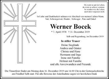 Traueranzeige von Werner Bocek von Frankenpost