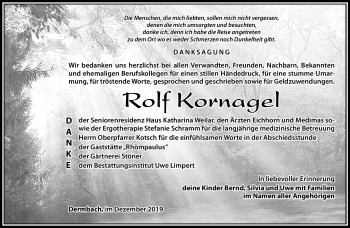 Traueranzeige von Rolf Kornagel von Südthüringer Presse