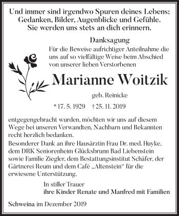 Traueranzeige von Marianne Woitzik von Südthüringer Presse