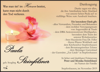 Traueranzeige von Paula Steinfelsner von Südthüringer Presse
