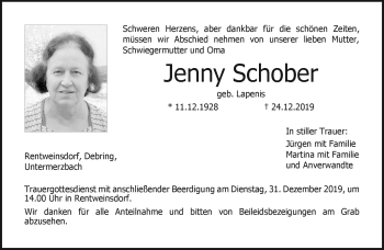Traueranzeige von Jenny Schober von Neue Presse Coburg