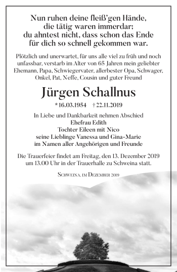 Traueranzeige von Jürgen Schallnuss von Südthüringer Presse