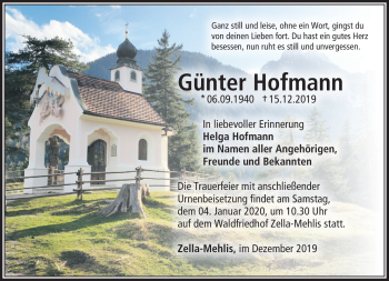 Traueranzeige von Günter Hofmann von Südthüringer Presse