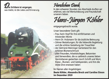 Traueranzeige von Hans-Jürgen Köhler von Südthüringer Presse