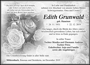 Traueranzeige von Edith Grundwald von Südthüringer Presse