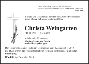 Traueranzeige von Christa Weingarten von Südthüringer Presse