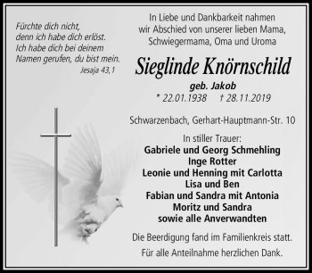 Traueranzeige von Sieglinde Knörnschild von Frankenpost