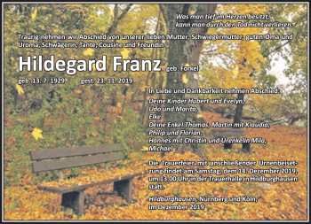 Traueranzeige von Hildegard Franz von Südthüringer Presse