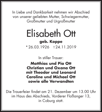 Traueranzeige von Elisabeth Ott von Neue Presse Coburg