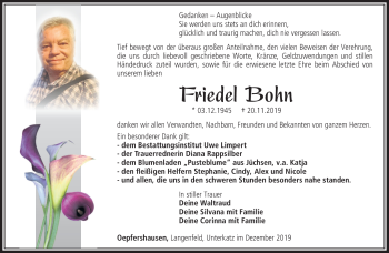 Traueranzeige von Friedel Bohn von Südthüringer Presse