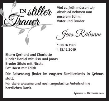 Traueranzeige von Jens Rübsam von Südthüringer Presse