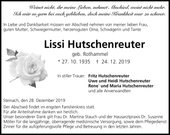 Traueranzeige von Lissi Hutschenreuther von Neue Presse Coburg