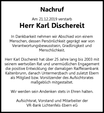 Traueranzeige von Karl Dischereit von Neue Presse Coburg