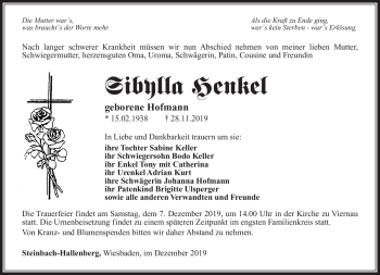 Traueranzeige von Sibylla Henkel von Südthüringer Presse