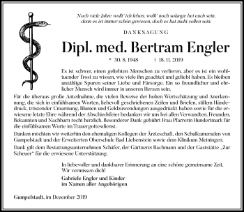 Traueranzeige von Bertram Engler von Südthüringer Presse