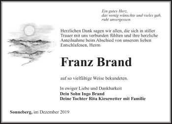 Traueranzeige von Franz Brand von Südthüringer Presse