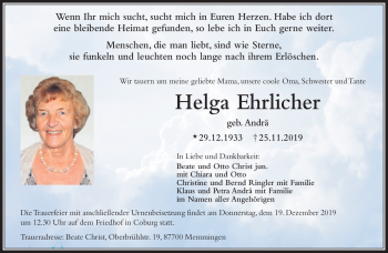 Traueranzeige von Helga Ehrlicher von Neue Presse Coburg