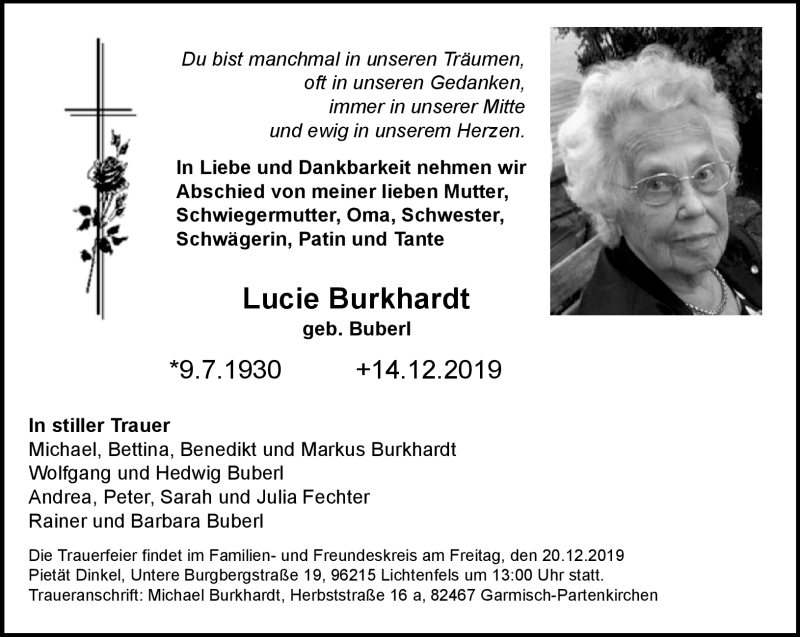  Traueranzeige für Lucie Burkhardt vom 18.12.2019 aus Neue Presse Coburg