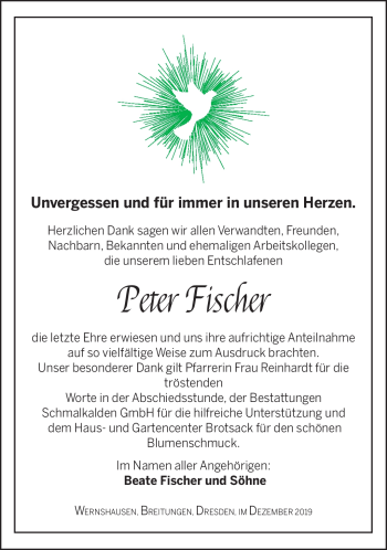 Traueranzeige von Peter Fischer von Südthüringer Presse