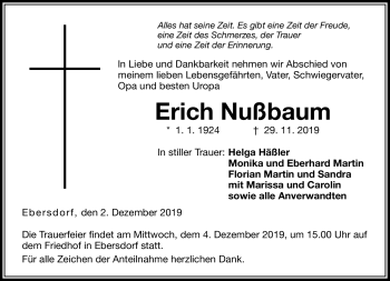 Traueranzeige von Erich Nußbaum von Neue Presse Coburg
