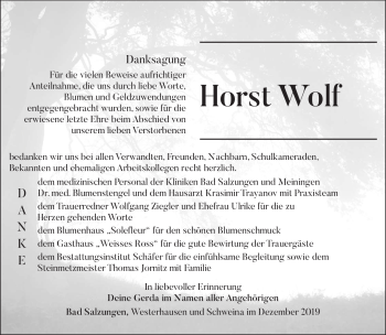 Traueranzeige von Horst Wolf von Südthüringer Presse