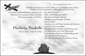 Traueranzeige von Hedwig Budnik von Frankenpost
