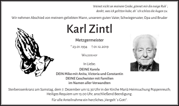 Traueranzeige von Karl Zintl von Frankenpost