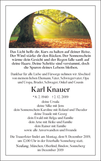 Traueranzeige von Karl Knauer von Südthüringer Presse