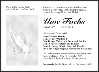 Traueranzeige von Uwe Fuchs von Südthüringer Presse