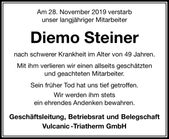 Traueranzeige von Diemo Steiner von Südthüringer Presse