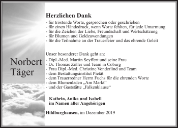 Traueranzeige von Norbert Täger von Südthüringer Presse