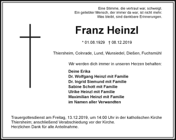 Traueranzeige von Franz Heinzl von Frankenpost