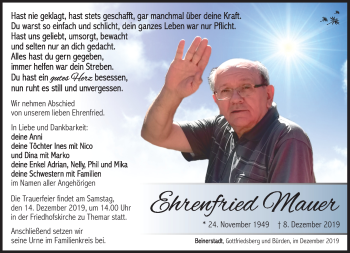 Traueranzeige von Ehrenfried Mauer von Südthüringer Presse