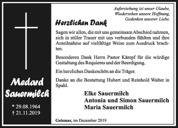 Traueranzeige von Medard Sauermilch von Südthüringer Presse