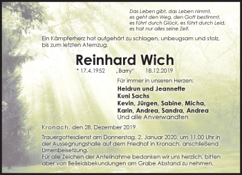 Traueranzeige von Reinhard Wich von Neue Presse Coburg