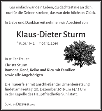 Traueranzeige von Klaus-Dieter Sturm von Südthüringer Presse