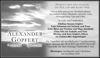 Traueranzeige von Alexander Göprfert von Südthüringer Presse