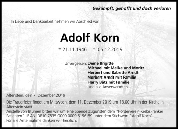 Traueranzeige von Adolf Korn von Neue Presse Coburg