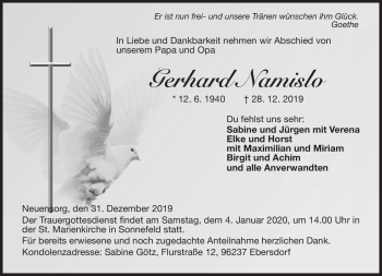 Traueranzeige von Gerhard Namislo von Neue Presse Coburg