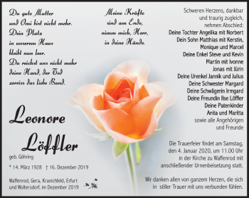 Traueranzeige von Leonore Löffler von Südthüringer Presse