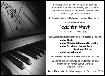 Traueranzeige von Joachim Weyh von Südthüringer Presse