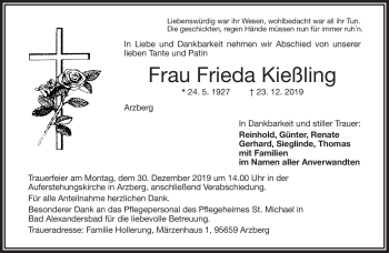 Traueranzeige von Frieda Kießling von Frankenpost