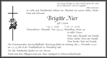 Traueranzeige von Brigitte Nier von Frankenpost